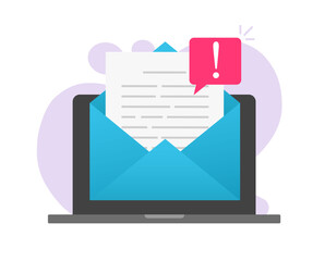 Email online scam malware caution message file notice on computer laptop or pc internet web mail document fraud digital warming alert attack vector flat, insecure network data phishing risk note image