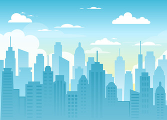 Fototapeta na wymiar Vector illustration of City Urban Landscape, clouds, tower, buildings in flat style. Cityscape on a blue background. Silhouette downtown with skyscrapers and modern architecture. Skyline template.