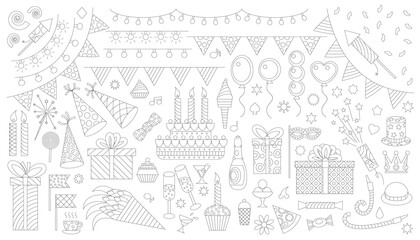 Birthday party elements vector set. Birthday cake, sweets, bunting flag, balloons, gift, festive paper cap, festive attributes. Page of the anti-stress coloring book.