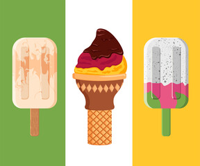 Ice cream on a stick. Fruit ice.  Vector illustration. Summer. Rest. The chill. Ice cream in a glass.