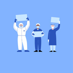 Professional doctors wearing covid-19 protection suits and uniforms posing with paper sheets. Medical workers protest. Virus outbreak concept