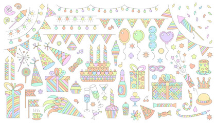 Birthday party elements vector set. Birthday cake, sweets, bunting flag, balloons, gift, festive paper cap, festive attributes.