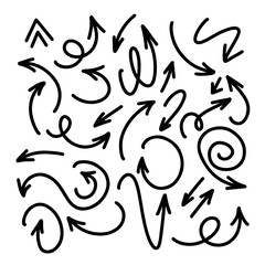 Set of hand drawn black doodle arrows. Vector illustration. Isolated on white background