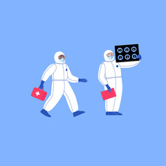 Professional doctor wearing covid-19 protection suit looking at lungs ct scan and doctor running hlding the first aid kit. Virus outbreak concept