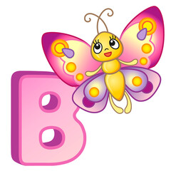 Vector bright illustrations alphabet with capital letters of the English and cute cartoon animals and things. Poster for kindergarten and preschool. Cards for learning English. Letter B. Butterfly