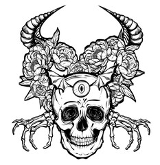 Vector illustration. wreath of peony flowers, eyes, horns, skull, mysticism, tattoos. Handmade, prints on T-shirts. background white