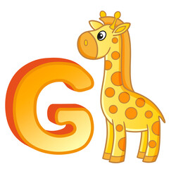 Vector bright illustrations alphabet with capital letters of the English and cute cartoon animals and things. Poster for kindergarten and preschool. Cards for learning English. Letter G. Giraffe