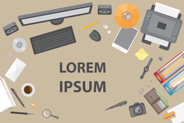 Vector illustration. Office desktop with office accessories. Top view. Desktop with business objects. View from above.
