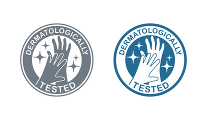 Dermatologically tested stamp - hand and liquid drop of gel or cream - isolated vector emblem for cosmetics pacaking