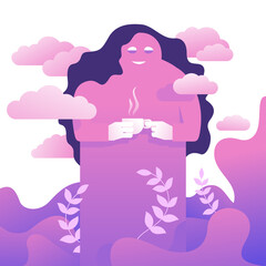 Morning coffee cup relaxing joyful concept - abstract giant woman with small cup of coffee or hot tea - isolated vector illustration