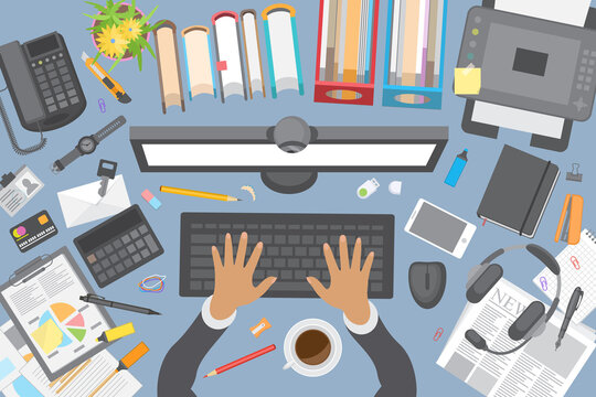 Vector illustration. Office desktop with office accessories. Top view. Desktop with business objects. View from above.