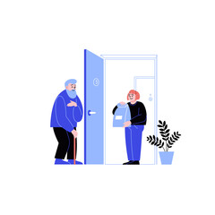 Flat illustration of a delivery girl delivering a package to the old man's home. Online shopping during the quarantine. 