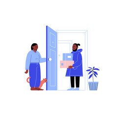 Flat illustration of a delivery guy delivering a package to the recipient's home. Online shopping during the quarantine. 