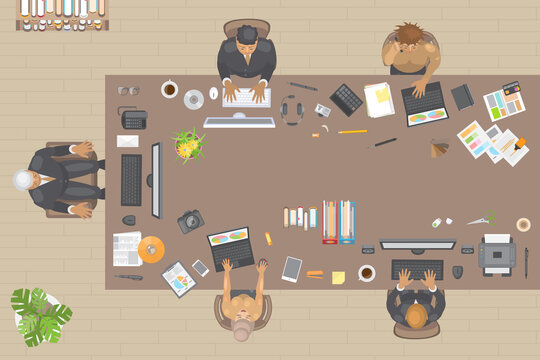 Vector illustration. Office top view. People at work. (view from above) 