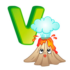 Vector vivid alphabet with capital letters of the English alphabet and cute cartoon illustrations. Poster for kindergarten and preschool. Cards for learning English. Letter V. Volcano