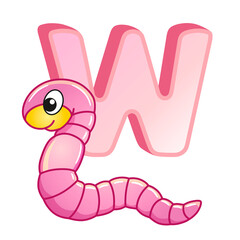 Vector bright illustrations alphabet with capital letters of the English and cute cartoon animals and things. Poster for kindergarten and preschool. Cards for learning English. Letter W. Worm