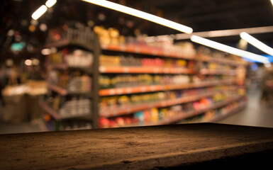 Empty wood table top on blurred market fruit. can montage or display your products