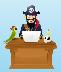 pirate sits with laptop at desk - vector illustration © Animation_vector