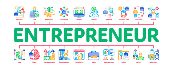 Entrepreneur Business Minimal Infographic Web Banner Vector. Entrepreneur Businessman And Agreement, Idea And Work, Money Growth Arrow And Case Illustration