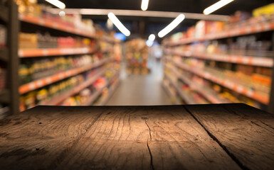 Empty wood table top on blurred market fruit. can montage or display your products