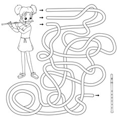 Fototapeta na wymiar Labyrinth. Maze game for kids. Help cute cartoon flutist girl find path to her flute. White and black vector illustration for coloring book.