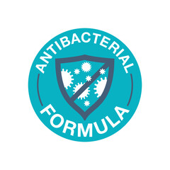 Antibacterial formula stamp - crossed out shield with bacteries inside - vector isolated sign for antiseptic cosmetics and medical products