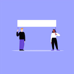 Two activists protesting with a blank cardboard. A man and a woman on a working strike holding a banner. Flat vector illustration