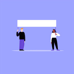 Fototapeta premium Two activists protesting with a blank cardboard. A man and a woman on a working strike holding a banner. Flat vector illustration