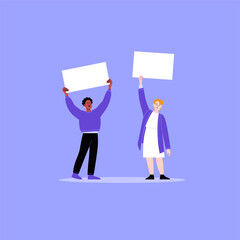 Two activists protesting with blank cardboards. A man and a woman on a working strike holding posters. Flat vector illustration
