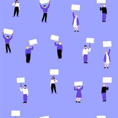 Seamless pattern. A group of activists wearing face masks protesting with blank cardboards. Different people on a working strike holding posters. Pandemic protest concept. Flat vector illustration