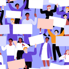 Seamless pattern. A crowd of activists protesting with blank cardboards. Different people on a working strike holding posters. Flat vector illustration
