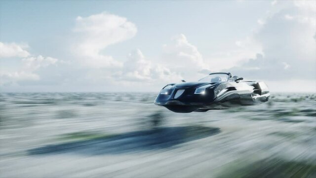 futuristic flying car with 3d model woman fast driving in desert. Concept of future. Realistic 4k animation.