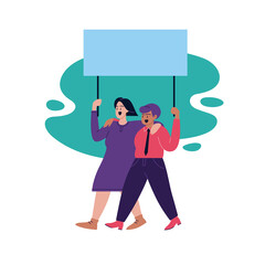 Flat illustration of a lesbian couple walking holding a blank cardboard. Two women on a protest march