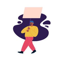 Flat illustration of a guy walking holding a blank cardboard. Protest march member