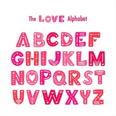 Love Vector Hand drawn English Alphabet. Romantic Pink Colour Type. Cartoon Doodle style. Clipart isolated letters with heart decor. Cute alphabet for banners, invitations, greeting valentine s day