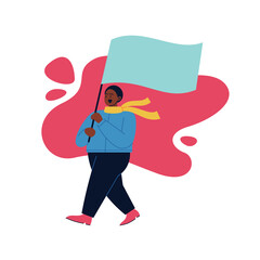 Flat illustration of a guy walking holding a blank cardboard. Protest march member