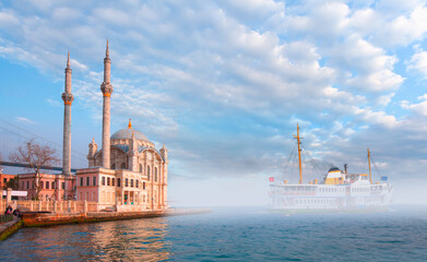Ship In The Foggy Weather - Istanbul throat difficulties ferry ride in the fog - The Ortakoy Mosque 