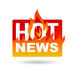 Hot News icon - flame silhouette and burning words - important anounce promo concept - isolated button