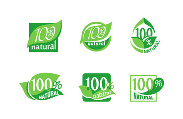 100 natural sticker collection - isolated vector quality stamp for healthy food products in 6 different options - eco-friendly icon set