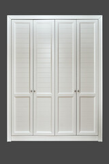 Classic wardrobe. White classic wardrobe isolated on gray background. Furniture manufacture.