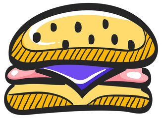 Burger icon in color drawing. Fast food junk American carbohydrate eating