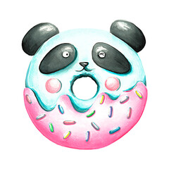 funny cartoon watercolor blue pink donut panda © VLADYSLAVA