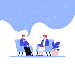 A man attending a therapy session with a female mental specialist. Personal psychotherapy session. Conversation with a psychologist. Icons in the speech bubble