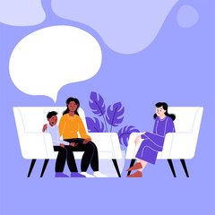 A man attending a therapy session with a male mental specialist. Personal psychotherapy session. Conversation with a psychologist. Icons in the speech bubble