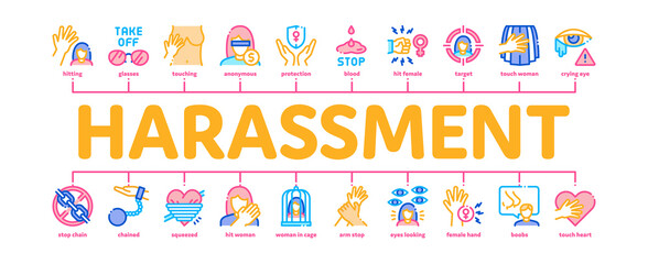 Sexual Harassment Minimal Infographic Web Banner Vector. Victim And Woman Sexual Harassment, Molestation And Assault, Violent And Inappropriate Illustration - obrazy, fototapety, plakaty
