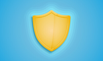 Realistic yellow shield on a blue background, vector illustration
