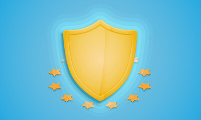 Realistic yellow shield with stars around on a blue background, vector illustration