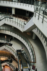 Escalator in empty mall in during covid-19 epidemic.