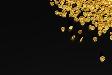 Many gold coins Spread from the top right side. treasure concept 3d rendering