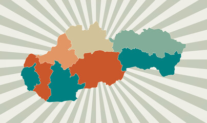 Slovakia map. Poster with map of the country in retro color palette. Shape of Slovakia with sunburst rays background. Vector illustration.